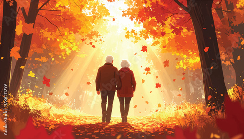 Elderly couple enjoying a walk in the vibrant autumn forest. Fall stroll for two in a forest filled with golden leaves. Elderly couple walking hand-in-hand on a beautiful autumn day