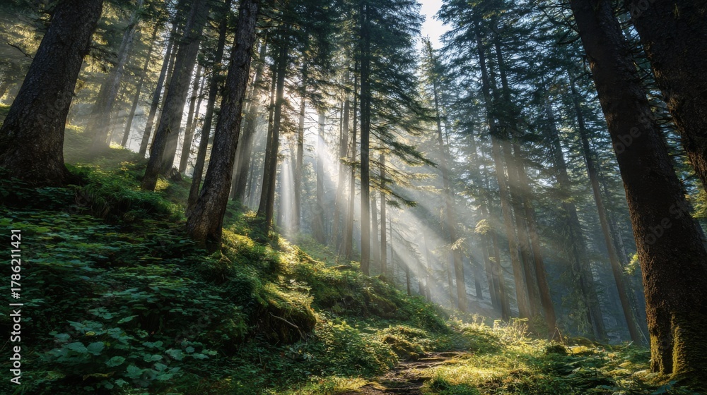 Fototapeta premium Sunlight Filtering Through Towering Trees in a Serene Forest Landscape with Lush Greenery and Fog Creating a Mystical Atmosphere