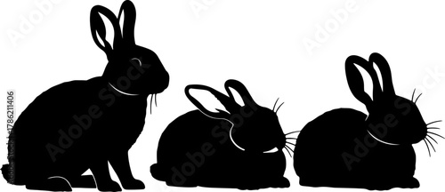 Silhouette of Three Rabbits A Monochrome Illustration of Bunnies in Various Poses