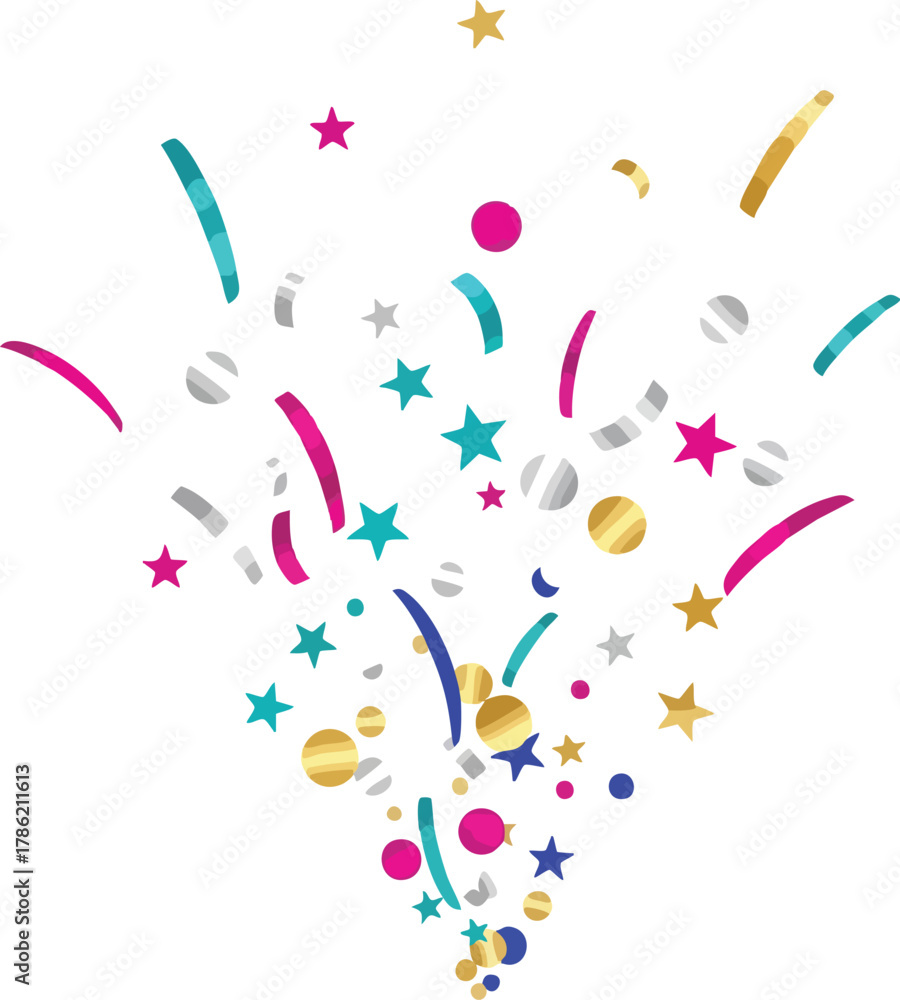 Obraz premium A vibrant 2D flat illustration of colorful confetti and stars exploding in a celebratory scene for the new year against a clean white background with a joyful and festive mood.