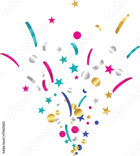 A vibrant 2D flat illustration of colorful confetti and stars exploding in a celebratory scene for the new year against a clean white background with a joyful and festive mood.