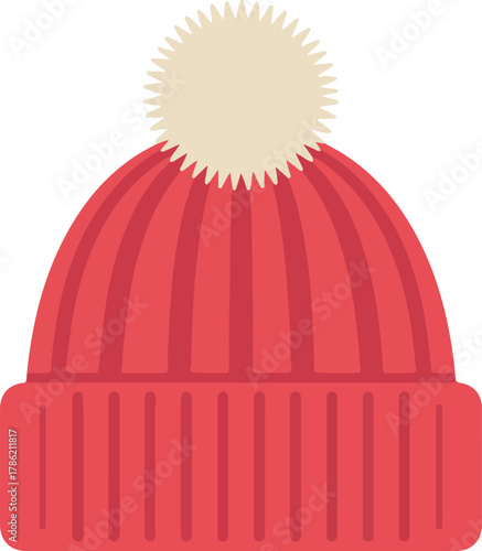 Red knitted winter hat vector with a white pompom on top, ideal for cold weather apparel and seasonal fashion.
