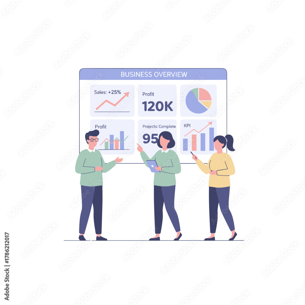 Fototapeta premium Three Diverse Professionals Collaborating on Data Analytics and Business Growth Strategy Using Laptops and Interactive Dashboards in a Modern Office Setting