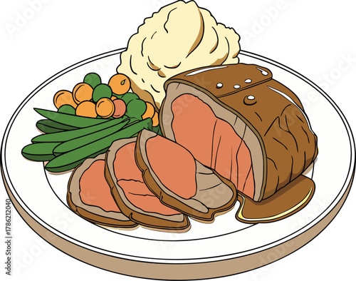 Delicious roast beef dinner with mashed potatoes