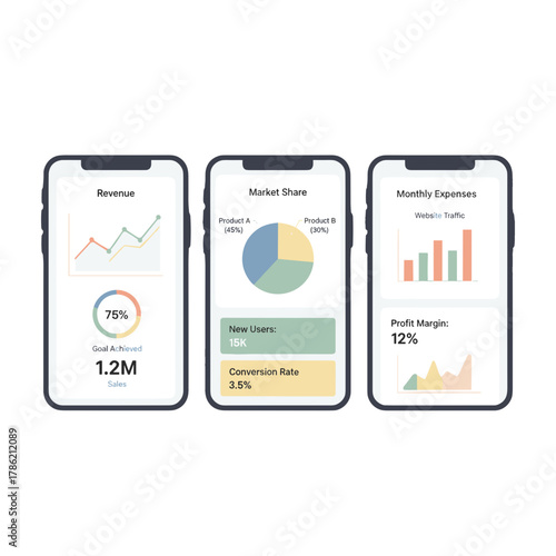 Three modern mobile phone screens displaying financial analytics dashboards with graphs charts and data visualizations on a clean white background representing cloud based services