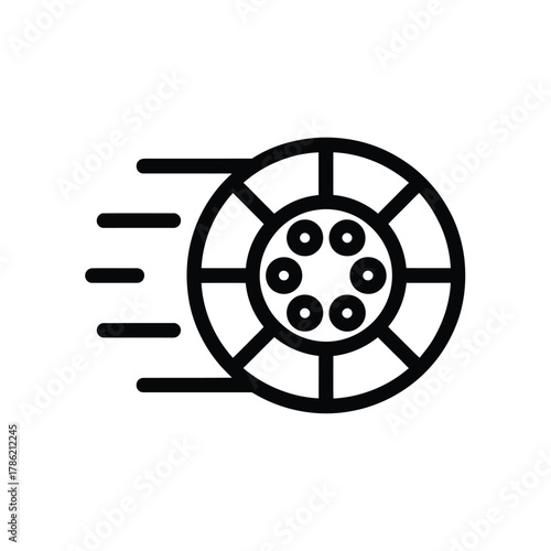 Stylized line art icon of a fast moving wheel with motion blur effect
