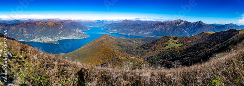 Panorama of Lake Como, photographed in autumn from Monte San Primo, with the surrounding villages and mountains.

