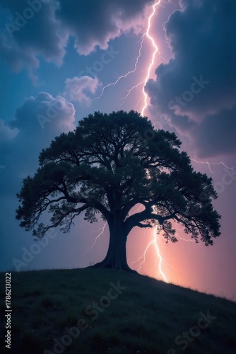 Dramatic lightning striking a solitary, ancient oak tree on a windswept hill under a dark, stormy sky. A single, ancient, gnarled oak tree on a dark, windswept hill. A brilliant, jagged bolt of