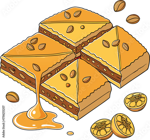 Illustration of baklava with nuts and lemon