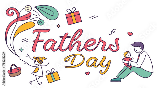 Retro badge design featuring “Happy Father’s Day”, bold uppercase lettering, ribbon banner, sunburst rays, and vintage color palette