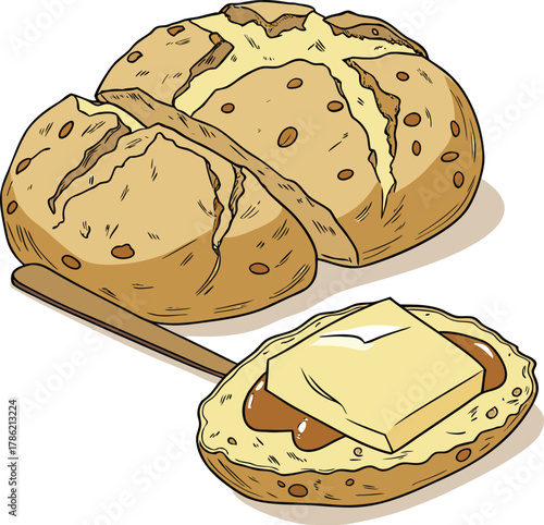 Illustration of hot cross bun with butter