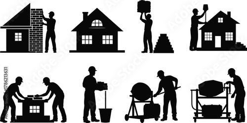 Construction worker silhouette, building house, bricklaying, painting, cement mixing, teamwork, black vector art, labor tools, home repair, construction activity