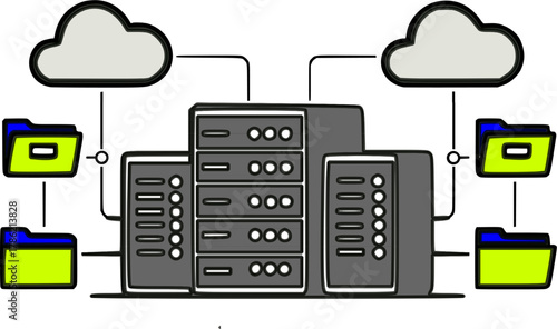 Cloud Storage Concept Illustration with Servers and Files in Blue Flat Design