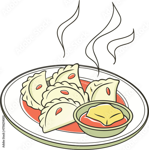 Hot pierogi on a plate with butter, vector art