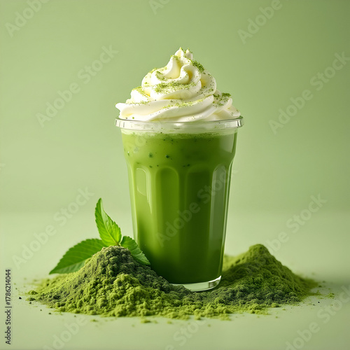 Iced matcha latte with whipped cream and matcha powder on green background