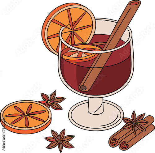 Mulled wine with orange slices and cinnamon sticks