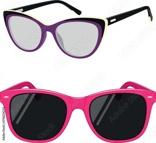 Stylish eyewear vector art purple cat-eye glasses and vibrant pink sunglasses, showcasing modern fashion trends