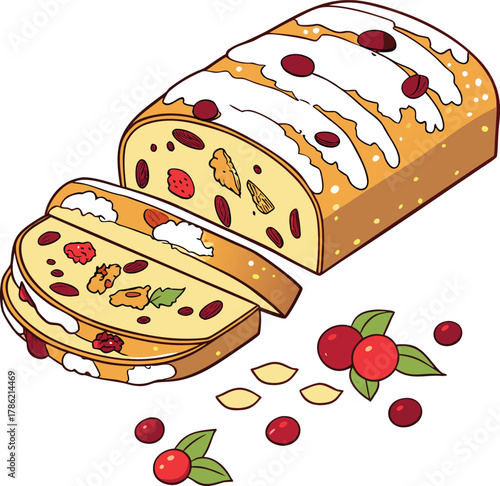 Delicious stollen bread with icing and cranberries