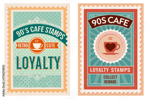 90s café loyalty stamp, cute retro icon, distressed stamping texture
