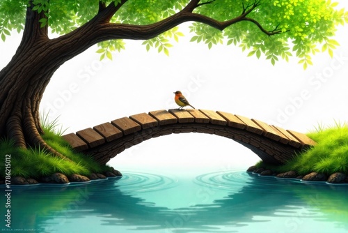 Fototapeta Naklejka Na Ścianę i Meble -  Rustic wooden bridge arching over a stream, with a turkey observing from the bank. A weathered, rustic wooden arch bridge spans a clear, shallow stream. On the mossy bank, a wild turkey is standing,