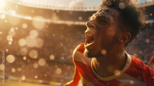 Excited soccer player celebrating victory with passion and energy under golden sunlight on the stadium field, expressing joy, success, and emotional triumph after scoring the winning goal. soccer