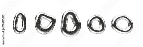 Abstract 3D chrome shapes with grain texture and liquid gradient effect. Metallic halftone elements in silver and black tones. Modern geometric vector design for futuristic or retro Y2K art projects