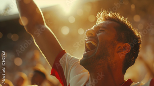 Excited soccer player celebrating victory with passion and energy under golden sunlight on the stadium field, expressing joy, success, and emotional triumph after scoring the winning goal. soccer