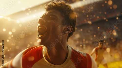 Excited soccer player celebrating victory with passion and energy under golden sunlight on the stadium field, expressing joy, success, and emotional triumph after scoring the winning goal. soccer