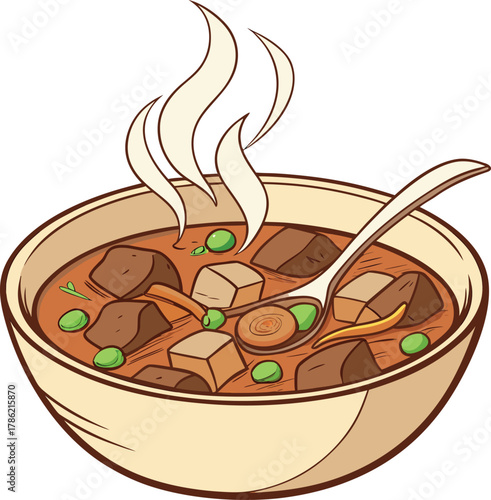 Bowl of hot beef stew with spoon