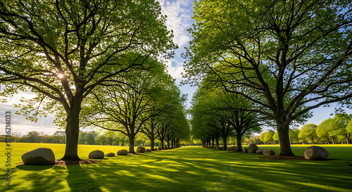Fototapeta Naklejka Na Ścianę i Meble -  Lush green tree-lined avenue in a sunny park creating long shadows across the vibrant grass, peaceful nature scene.
