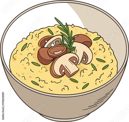Delicious polenta with mushrooms and rosemary in a bowl