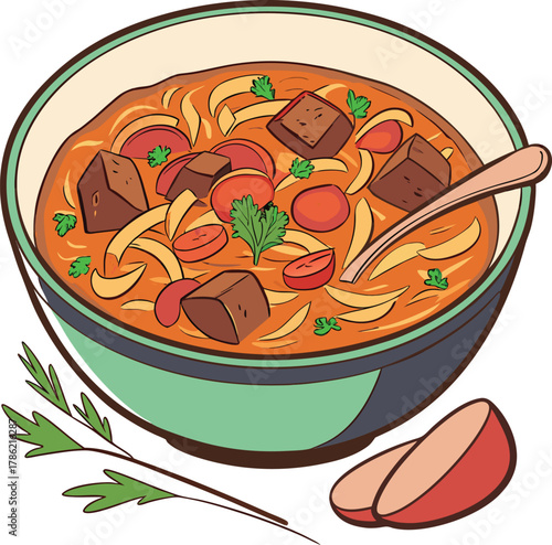 Bowl of hearty beef stew with noodles, tomatoes, and parsley