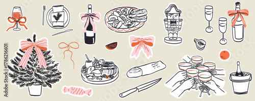 Retro whimsy vintage new year drawing set. Doodle line art contemporary minimalist print style. Christmas dinner table decor, food, wine or champagne. Hand-drawn winter holiday celebration elements.