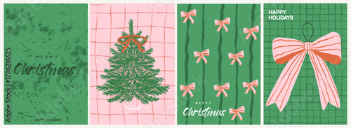 Retro vintage new year invitations and backgrounds in doodle line art print style. Christmas tree with bows poster, greeting card or placard set. Hand drawn xmas modern bright design graphic elements.