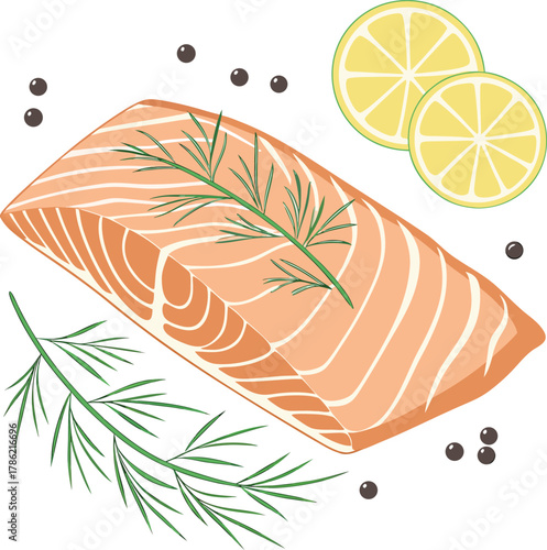Fresh salmon fillet with lemon and dill