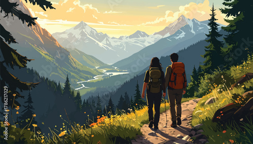 Scenic hike through golden alpine valley. Sunset trekking in tranquil mountain path. Backpackers explore peaceful alpine trail. Adventure journey in glowing mountain view