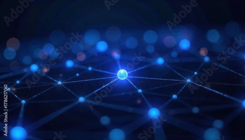 Abstract geometric data flow visualization with vibrant glowing nodes and interconnected lines on a dark background, representing information transfer. Abstract geometric network visualization with