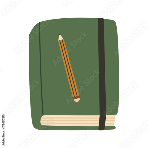 Green closed sketchbook, notebook or diary with pencil. Notepad and liner pen. Flat vector illustration.