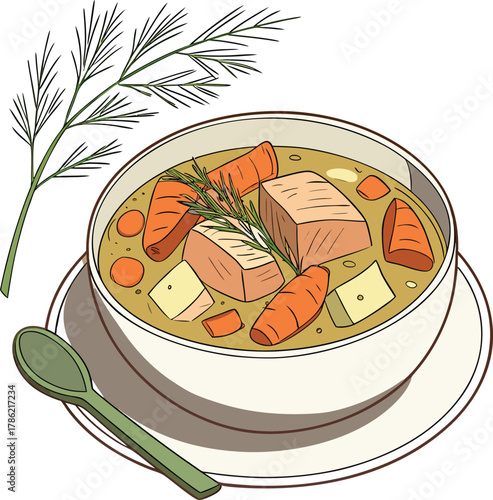 Bowl of salmon soup with dill illustration
