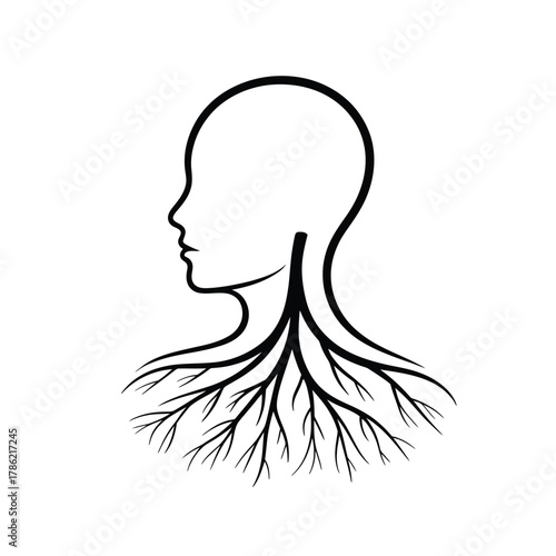 Human head silhouette with root system emerging from neck and shoulders