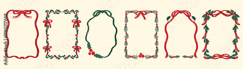 Christmas frame vector illustration set with red and green ribbons, bows, holly leaves and festive decorations — elegant holiday design for greeting cards, invitations, posters and packaging prints.