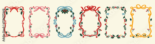 Christmas frame vector illustration set with red and green ribbons, bows, holly leaves and festive decorations — elegant holiday design for greeting cards, invitations, posters and packaging prints.