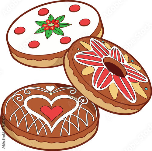 Three decorated gingerbread cookies