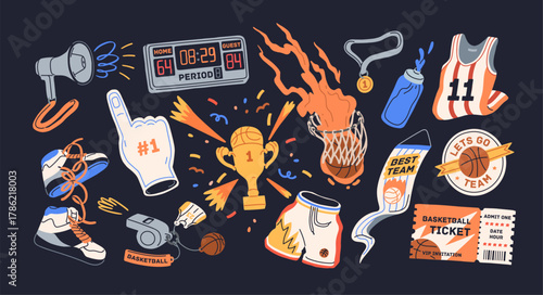 Basketball sport elements set. Game scoreboard, ball in basket, referee whistle, uniform, sneakers, ticket and trophy for championship, competition, tournament. Isolated flat vector illustrations.