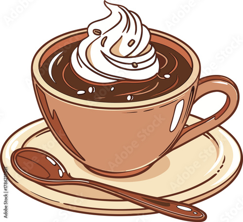 Hot chocolate with whipped cream in a cup on a saucer