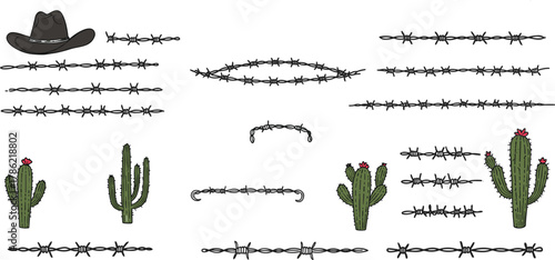 Barbed, wire, cactus, cowboy, hat, western, desert, Texas, ranch, wild, west, thorn, flower, prickly, fence, sharp, illustration, symbol, nature, culture