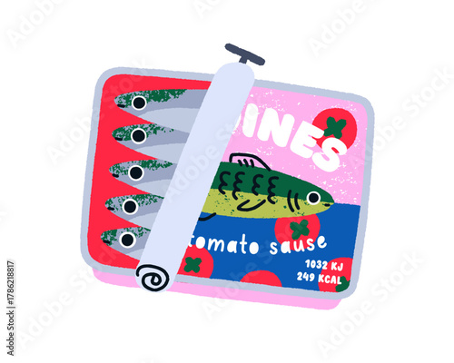 Sardines in open can. Sea food, canned fish in tin packaging. Metal container with seafood in doodle style. Mediterranean snack in tomato sauce. Flat vector illustration isolated on white background.