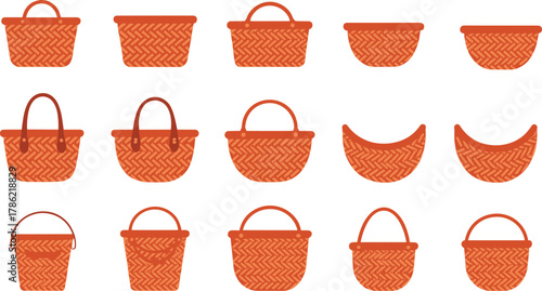 Basket illustrations, wicker basket, woven basket, vector basket design, traditional basket, empty basket, handle basket, decorative basket, orange basket, texture
