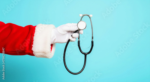 Santa Claus Hand Holding Stethoscope. Christmas Medical Concept.