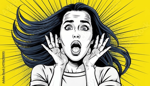 Illustration of surprised woman with open mouth and hand up, pop art style